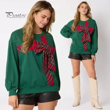 Рождественская толстовка с капюшоном для женщин с круглым вырезом и длинным рукавом, клетчатый принт, декор в виде банта, спортивные топы свободного кроя, повседневные пуловеры XL красный