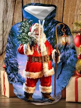 Рождественская толстовка с капюшоном Мужской пуловер Графические принты Принт Санта-Клауса Повседневная спортивная спортивная одежда Повседневные толстовки с капюшоном M синий