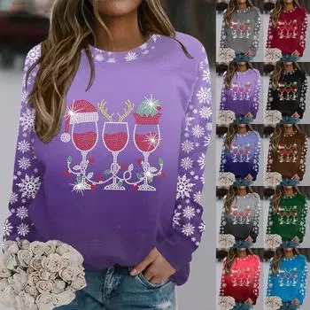 Рождественская толстовка с шапкой-бокалом и принтом снежинок, осенне-зимний свитер с круглым вырезом и длинными рукавами, повседневная толстовка без капюшона S
