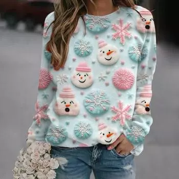 Рождественская толстовка женская с принтом 3D Xmas Tree House, круглый вырез, длинный рукав, топы S