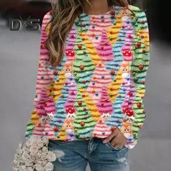 Рождественская толстовка женская с принтом 3D Xmas Tree House, круглый вырез, длинный рукав, топы, легкий праздничный пуловер S E