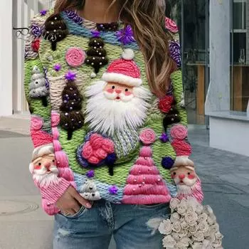 Рождественская толстовка женская с принтом 3D Xmas Tree House, круглый вырез, длинный рукав, топы, легкий праздничный пуловер S B