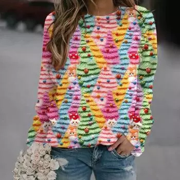 Рождественская толстовка женская с принтом 3D Xmas Tree House, круглый вырез, длинный рукав, топы, легкий праздничный пуловер S I