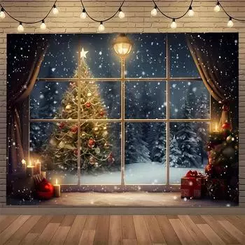Рождественская вечеринка украшение фон ткань зимнее окно снег сцена дерево одеяло подходит для фотосъемки дома на открытом воздухе 100x75cm
