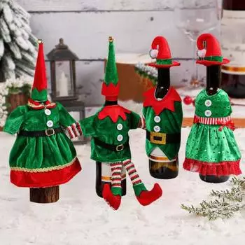 Рождественская винная бутылка Чехол для бутылки красного вина Одежда с шапкой Санты для дома Рождество Women A