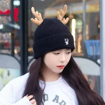 Рождественская вязаная шапка с рогами, зимняя теплая шерстяная шапка с подкладкой, новый комплект шапок для улицы, женская шапка для холодного прилива, рождественская шапка One Size чёрный