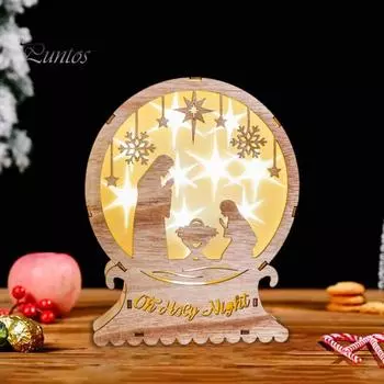 Рождественская вырезная фигурка вертепа со светодиодной подсветкой, деревянный религиозный христианский орнамент, деревенская статуэтка Святого семейства для украшения полки стола 2