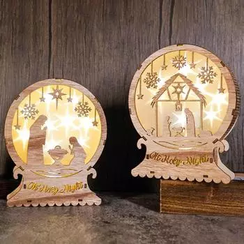 Рождественская вырезная фигурка вертепа со светодиодной подсветкой, деревянный религиозный христианский орнамент, деревенская статуэтка Святого семейства для украшения полки стола 2