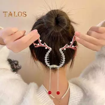 Рождественская заколка для волос в виде оленя, блестящие стразы, искусственный жемчуг, держатель для пучка для хвоста, женские и женские аксессуары для волос белый