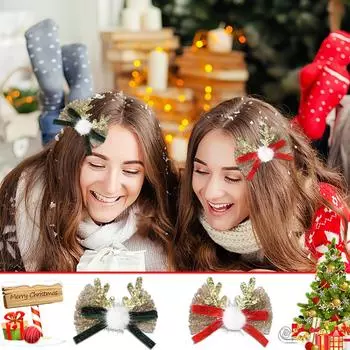 Рождественская заколка для волос в виде рогов оленя, женская симпатичная плюшевая заколка для волос One Size зелёный