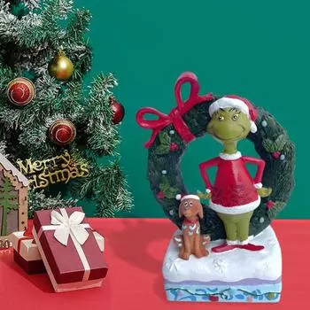 Рождественская зеленая фигурка эльфа, стоящая, мультяшный эльф, щенок, венок, статуэтка из смолы, украшение для рабочего стола дома, офиса, праздничный орнамент для вечеринки зелёный