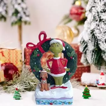 Рождественская зеленая фигурка эльфа, стоящая, мультяшный эльф, щенок, венок, статуэтка из смолы, скульптура