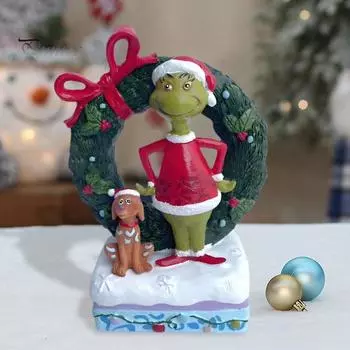 Рождественская зеленая фигурка эльфа, стоящая, мультяшный эльф, щенок, венок, статуэтка из смолы, украшение для рабочего стола дома, офиса, праздничный орнамент для вечеринки зелёный