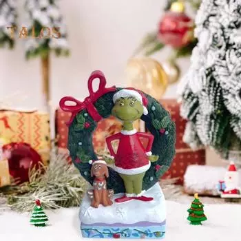 Рождественская зеленая фигурка эльфа, стоящая, мультяшный эльф, щенок, венок, статуэтка из смолы, украшение для рабочего стола дома, офиса, праздничный орнамент для вечеринки зелёный