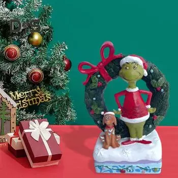 Рождественская зеленая фигурка эльфа, стоящая, мультяшный эльф, щенок, венок, статуэтка из смолы, украшение для рабочего стола дома, офиса, праздничный орнамент для вечеринки зелёный