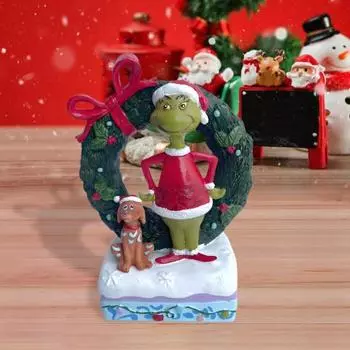 Рождественская зеленая фигурка эльфа, стоящая, мультяшный эльф, щенок, венок, статуэтка из смолы, скульптура, дом