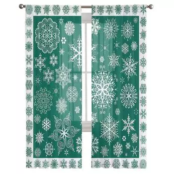 Рождественская зеленая текстура снежинки, прозрачная тюль для гостиной, оконная занавеска, декор для спальни, кухни, вуаль, шторы 135W x 114H(cm)
