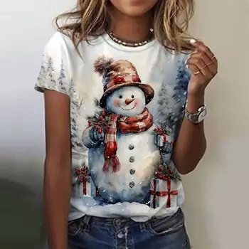 Рождественская женская футболка Милая рождественская футболка со снеговиком с 3D-принтом большого размера Летняя новая модная женская одежда Y2k Женские топы S