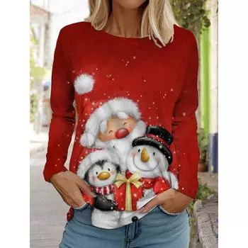 Рождественская женская футболка с длинным рукавом и 3D-узором «Снеговик», осенняя новая мода 2024 года, женский топ, пуловер Harajuku, одежда S