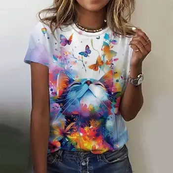 Рождественская женская футболка с милым рисунком кошки, 3D-принт, футболка большого размера, летняя новая модная женская одежда, женские топы 2000 года S