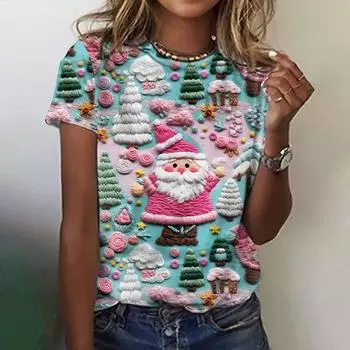 Рождественская женская футболка с принтом Санта-Клауса, праздничная футболка с 3D-принтом на воротнике, женская модная футболка с коротким рукавом XS
