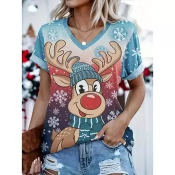 Рождественская женская футболка с рисунком из мультфильма, повседневная футболка с V-образным вырезом и коротким рукавом, модная женская одежда для активного отдыха, свободные пуловеры, топы S