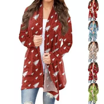 Рождественская женская мода Повседневная куртка-кардиган с длинным рукавом с принтом XXXXL винный