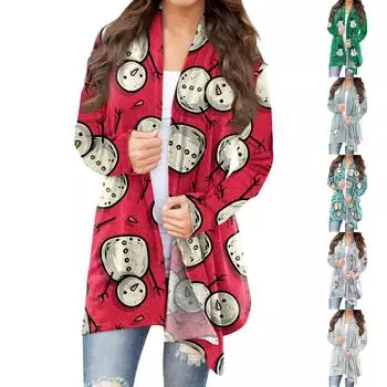 Рождественская женская мода Повседневная куртка-кардиган с длинным рукавом с принтом XXXXXL