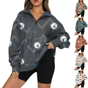 Рождественская женская мода с длинным рукавом и принтом на молнии свитшот XXXL разноцветный