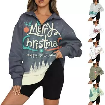 Рождественская женская мода с длинным рукавом и принтом на молнии свитшот XL