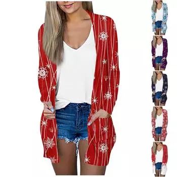 Рождественская женская модная повседневная куртка-кардиган средней длины с длинным рукавом и принтом L