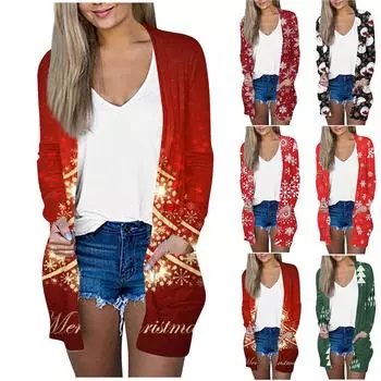 Рождественская женская модная повседневная куртка-кардиган средней длины с длинным рукавом и принтом L чёрный