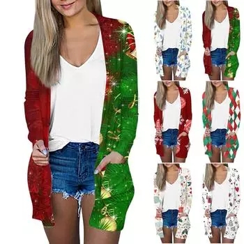 Рождественская женская модная повседневная куртка-кардиган средней длины с длинным рукавом и принтом XL красный