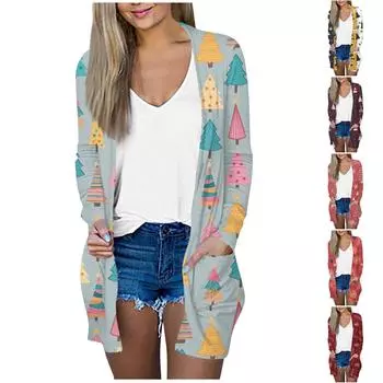 Рождественская женская модная повседневная куртка-кардиган средней длины с длинным рукавом и принтом XXXL оранжевый