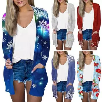 Рождественская женская модная повседневная куртка-кардиган средней длины с длинным рукавом и принтом XXXL темно-синий