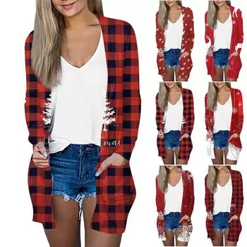 Рождественская женская модная повседневная куртка-кардиган средней длины с длинным рукавом и принтом L киноварь