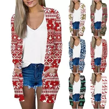 Рождественская женская модная повседневная куртка-кардиган средней длины с длинным рукавом и принтом XL зелёный