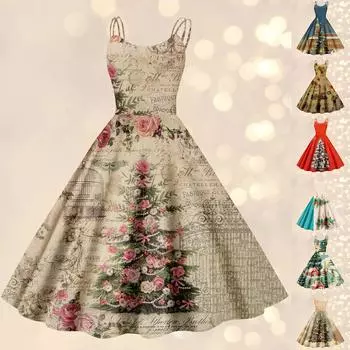 Рождественская женская повседневная мода цветочный принт сексуальная открытая плечевая юбка в стиле панк ретро L бежевый