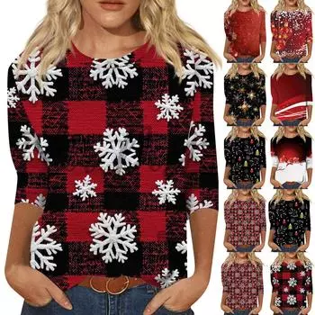 Рождественская женская толстовка с круглым вырезом и длинным рукавом, свободная, модная, повседневная, красная, в клетку, с забавным узором в виде снежинки, топ с принтом S