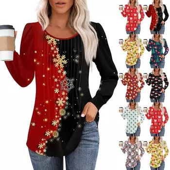 Рождественская женская толстовка с круглым вырезом, с длинным рукавом, свободная, повседневная, с рождественскими цветами, с забавным узором и принтом S