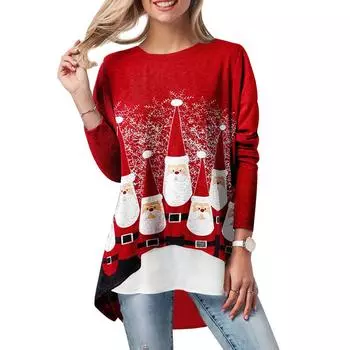 Рождественская женская женская футболка с длинным рукавом, свободный пуловер, рождественский свитер, топы S красный