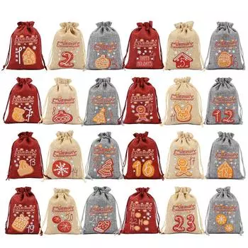 Рождественские адвент-календари, сумки, подвесные календари обратного отсчета на 24 дня, рождественские подарочные сумки на шнурке 1 set