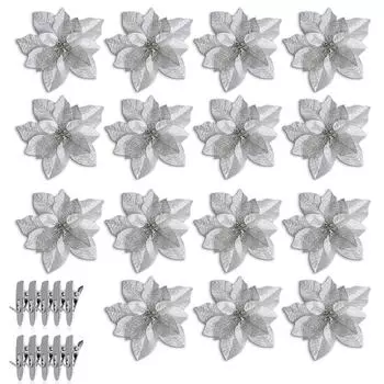 Рождественские блестящие искусственные цветы с зажимами, елочные украшения, полые цветы, свадебное украшение на Новый год 5pcs