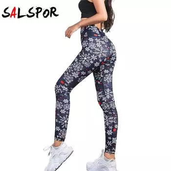 Рождественские брюки с высокой талией и снежинками, спортивные повседневные брюки для занятий йогой