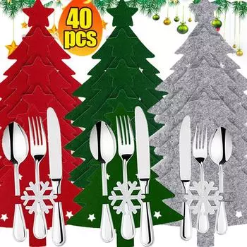 Рождественские чехлы для ножей и вилок, фетровая ткань со снежинками, ложки, держатели для столовых приборов, сумки для дома, рождественский, новогодний, праздничный, праздничный стол, украшение 4PCS