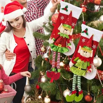 Рождественские чулки 3D Милая кукла-эльф Рождественские чулки Украшения Длинноногий эльф Подвесной чулок для конфет Игрушки Подарки красный