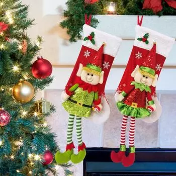 Рождественские чулки 3D Милая кукла-эльф Рождественские чулки Украшения Длинноногий эльф Подвесной красный
