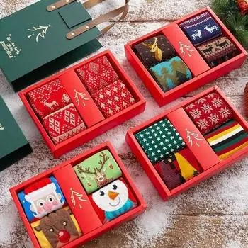 Рождественские чулки, четыре пары, подарочная коробка, без косточек, с двойной иглой, с двойным швом, с изображением Санта-Клауса и лося, для мужчин и женщин, средние носки-трубы One Size