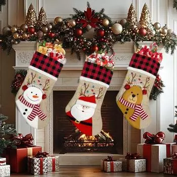Рождественские чулки из мешковины, плед, рождественские подвесные украшения, 3D олень, снеговик, Санта, мешок конфет для праздничного декора камина C
