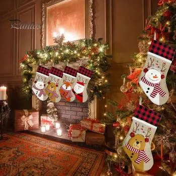 Рождественские чулки из мешковины, плед, рождественские подвесные украшения, 3D олень, снеговик, Санта, мешок конфет для праздничного декора камина C